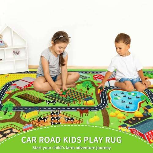 Mfmiudole Kids Rug Play Rug for Toy Cars, 39.4"×59" Farm Life Road Traffic for Playroom Kid Car Road Mat Village Map Play Mat Non-Slip Washable Carpet for Toddler Boy Family Tummy Time Playtime 3