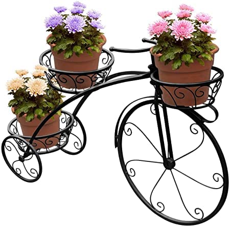HADIYA Garden Cart Planter Stand Tricycle Plant Holder - Planter Holder- Ideal for Home, Garden, Patio - Great Gift for Plant Lovers, Housewarming 67 X 56 X 20 cm [Black] 4