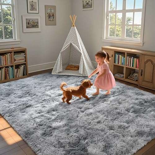 Prabia 5x8 Tie Dyed Grey Rug,Super Soft Fluffy Plush Carpet for Living Room & Bedroom,Modern Shaggy Rugs for Girls Kids Room, Nursery & Dorm,Anti-Slip Fuzzy Home Decor 3