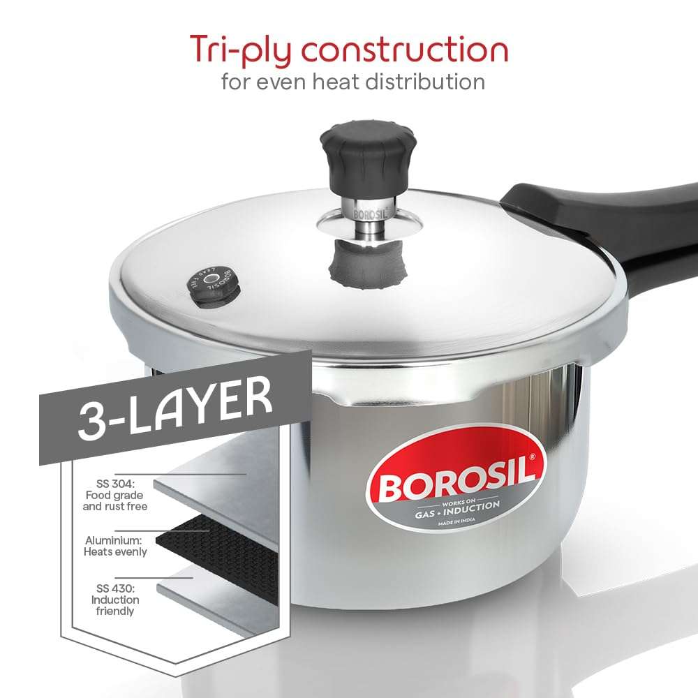 Borosil Triply Pressure Cooker | SS304 Food Grade Stainless Steel | Even Heat Distribution | Gas Stove & Induction Compatible | Dishwasher Safe | 5 Years Warranty (2 L, Outer Lid) 3