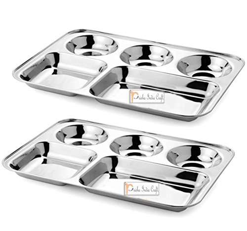 Prisha India Craft Stainless Steel 5-in-1 Compartment Divided Plate, Dosa Serving Plate | Length 14.00 Inch | Set of 2 4