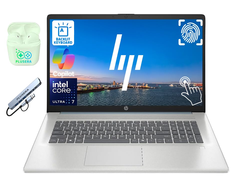 HP 17.3" Touchscreen Laptop Computer, Intel 12-Core Ultra 7 255U Processor, 8GB RAM 256GB SSD, Fingerprint Reader, Backlit Keyboard, Windows11, PLUSERA Earphones & 8-in-1 Hub Included, Moonlight Blue