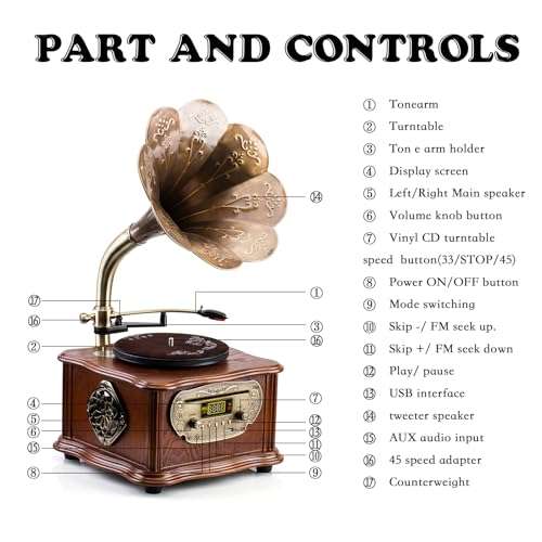 Wooden Phonograph Gramophone Turntable CD Player Stereo System Control 33/45 RPM FM AUX USB Ouput Bluetooth 4.2 … … 3