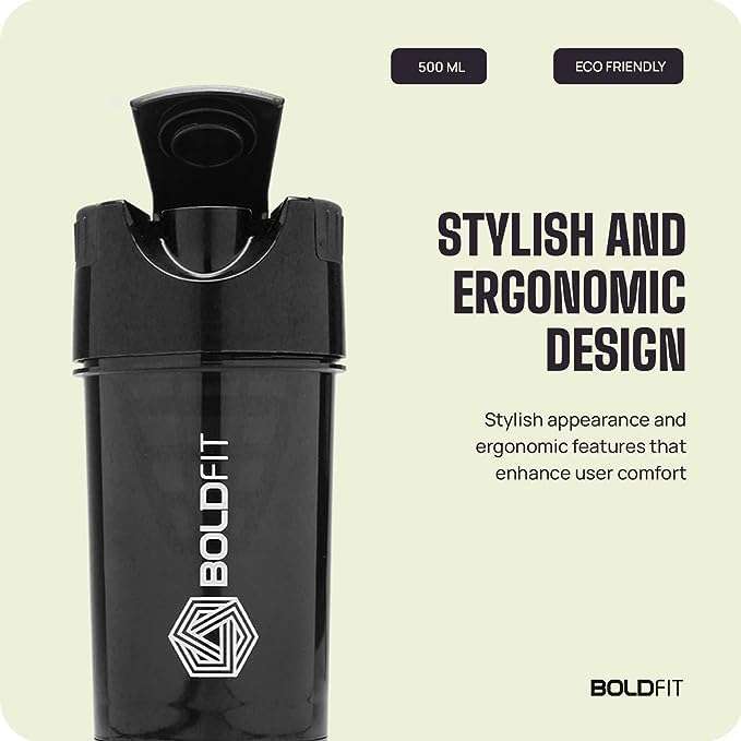 Boldfit Gym Shaker Pro Cyclone Shaker 500ml with Extra Compartment, 100% Leakproof Guarantee, Ideal for Protein, Preworkout and BCAAs, BPA Free Material Sipper Bottle (Black, Plastic, Pack of 1) 3