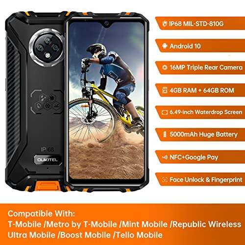 OUKITEL WP8 Pro Unlocked Rugged Smartphone, 6.49" Screen Rugged Phone, 4GB RAM 64GB ROM, 5000mAh Battery IP68 Waterproof Rugged Cell Phone, Android 10, Dual SIM 4G, 16MP Triple Cameras, NFC, Orange 2