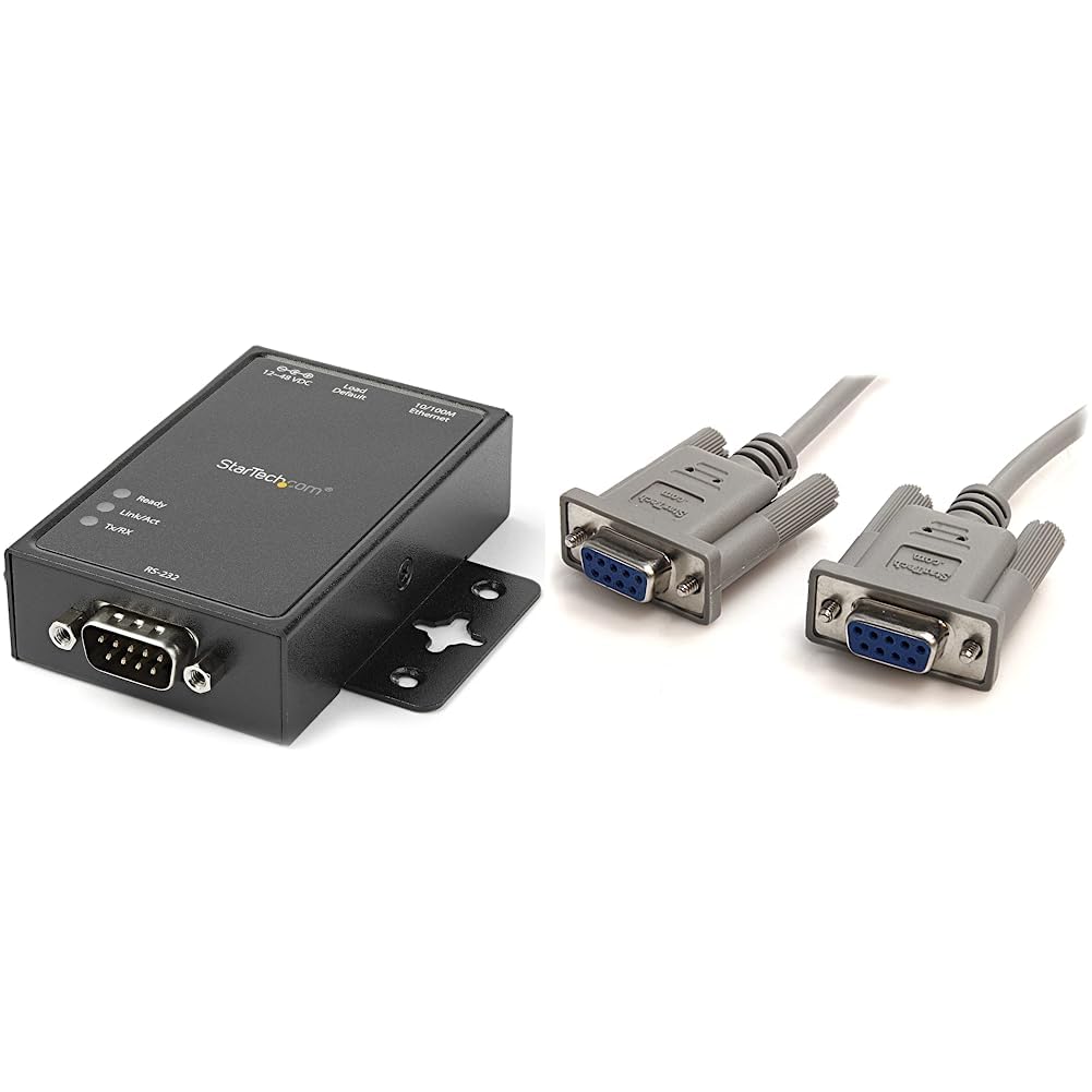 StarTech.com 1 Port RS232 to Ethernet IP Converter/Device Server - Aluminum - Serial over IP Device Server & 10' RS232 Serial Null Modem Cable - Null modem cable - DB-9 to DB-9-10 ft 1
