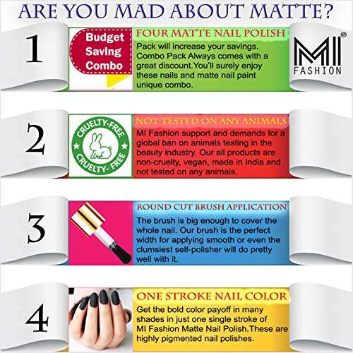 MI FASHION Smooth Matte Nail Polish Set of 4 Pcs Combo Multicolor 9.9ml each - Green, Grey, Blue, Black Nail Paints 4