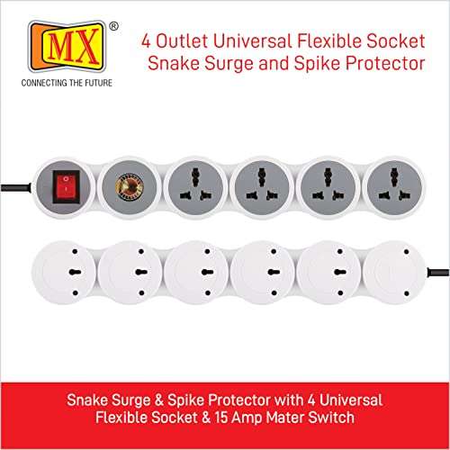 MX Extension Board with Spike Protector - 4 Universal Sockets, 15A/16A/20A Spike Guard, 1.5m Extension Cord, Illuminated Circuit Breaker Master Switch (3321_1.5mtr) 2