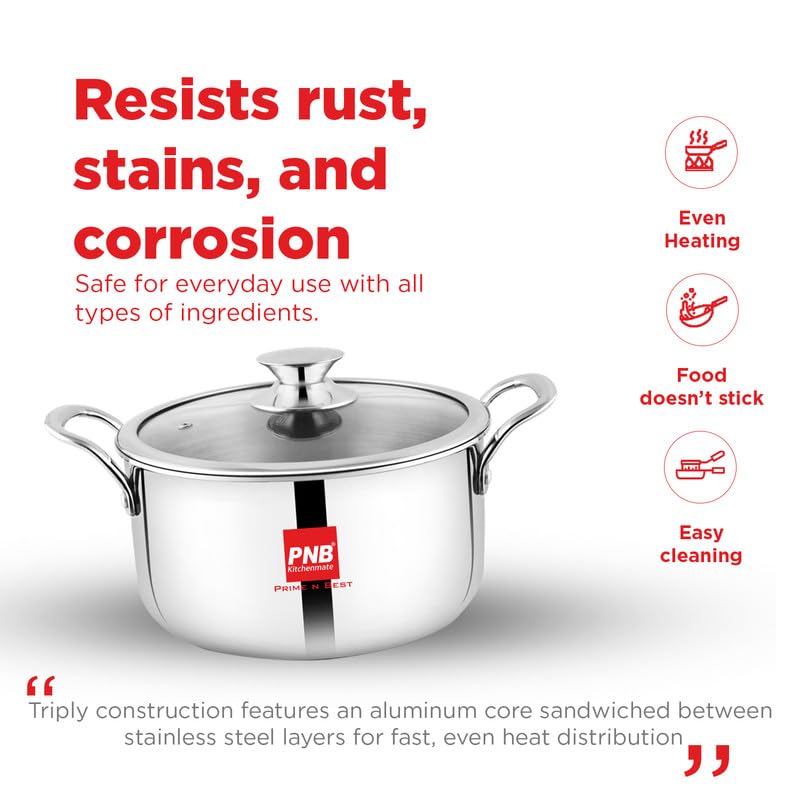 PNB Kitchenmate Triply Stainless Steel Cookpot with Glass Lid, 28cm (8 Litre), 2.5mm Thick, 3-Ply Clad Construction, Induction & Gas Compatible, 5 Years Warranty 5