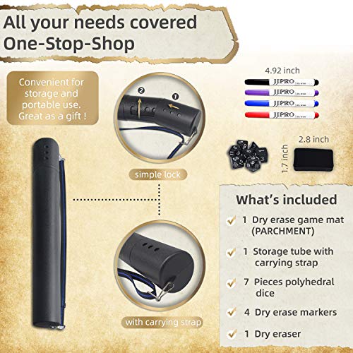 Battle Grid Game Mat - 24"x36" Vinyl Game Mat - Table Top Role Playing Map - Reusable RPG Dungeons and Dragons (DND) Game Map - Portable Plastic Storage Tube and Markers, Eraser, Dice Set Included 2