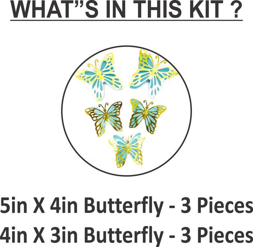 Untumble Butterfly Stickers for Balloon Decoration | Light Blue & Gold Butterfly 3D Stickers for Wall Decoration | Butterfly Decoration Items | Butterfly Stickers for Birthday Decoration| Pack of 6 3