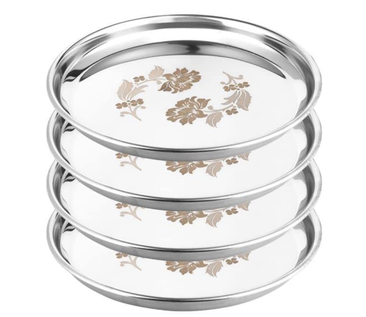 KC Stainless Steel Dinner Plate | Thali | Khumcha Plate with Laser Flower Design Set of 4 Plates (Diamm. 27 Cms)