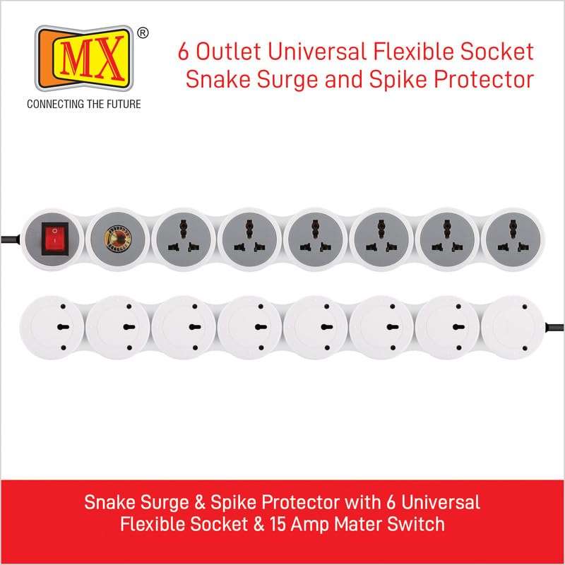 MX Extension Board with spike protector - 6 Universal Sockets, 15A/16A/20A Spike Guard, 10m Extension Cord, Illuminated Circuit Breaker Master Switch (3323_10mtr) 3