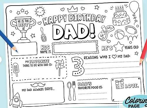 CJ&M Happy Birthday Dad Coloring Page | All About Dad Fill In Template | Father’s Birthday Activity | Dad’s Birthday Card for Kids.Perfect craft gift from kids for Father’s Birthday. 2