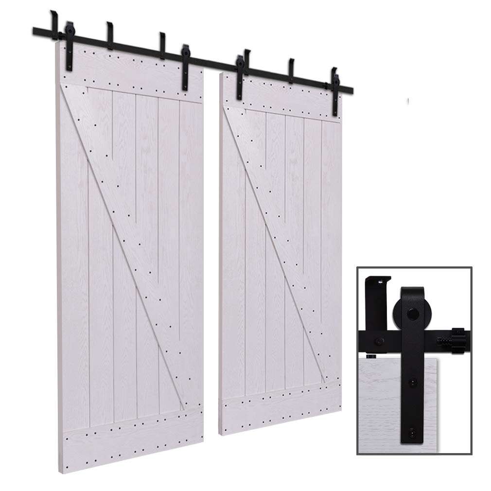 Ceiling Mount Barn Door Hardware Kit 6ft, CCJH Sliding Track for Kitchen Cabinet Black, Fit 18" Wide Double Door Panels [J Shape Hanger] 6