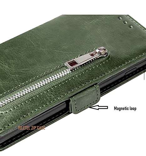 TELETEL Zipper Series Flip Mobile Cover Pu Leather | Card & Cash Pockets | Magnetic Loop | Front Zip Lock Wallet Case (Dark Green) for Mi A2 5