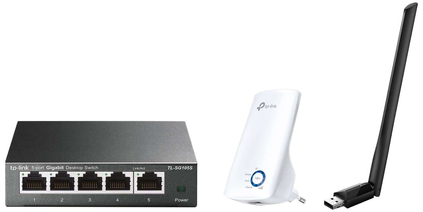 TP-Link TL-WA850RE N300 Wireless Range Extender, Broadband/Wi-Fi Extender, Wi-Fi Booster/Hotspot with 1 Ethernet Port, Plug and Play & AC600 Network USB Adapter & TL-SG105S Ethernet Switch/Hub 1