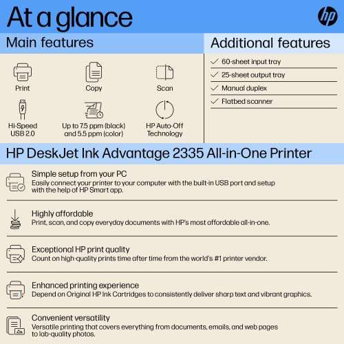 hp DeskJet Ink Advantage 2335 All-in-One Printer, Print, Copy, Scan, Hi-Speed USB 2.0, Up to 7.5/5.5 ppm (Black/Color), 60-Sheet Input Tray, 25-Sheet Output Tray, 1000-page Duty Cycle, Color, 7WQ08B 6
