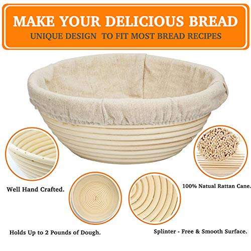 Farielyn-X 2 Packs 9 Inch Bread Banneton Proofing Basket - Baking Dough Bowl Gifts for Bakers Proving Baskets for Sourdough Lame Bread Slashing Scraper Tool Starter Jar Proofing Box 2