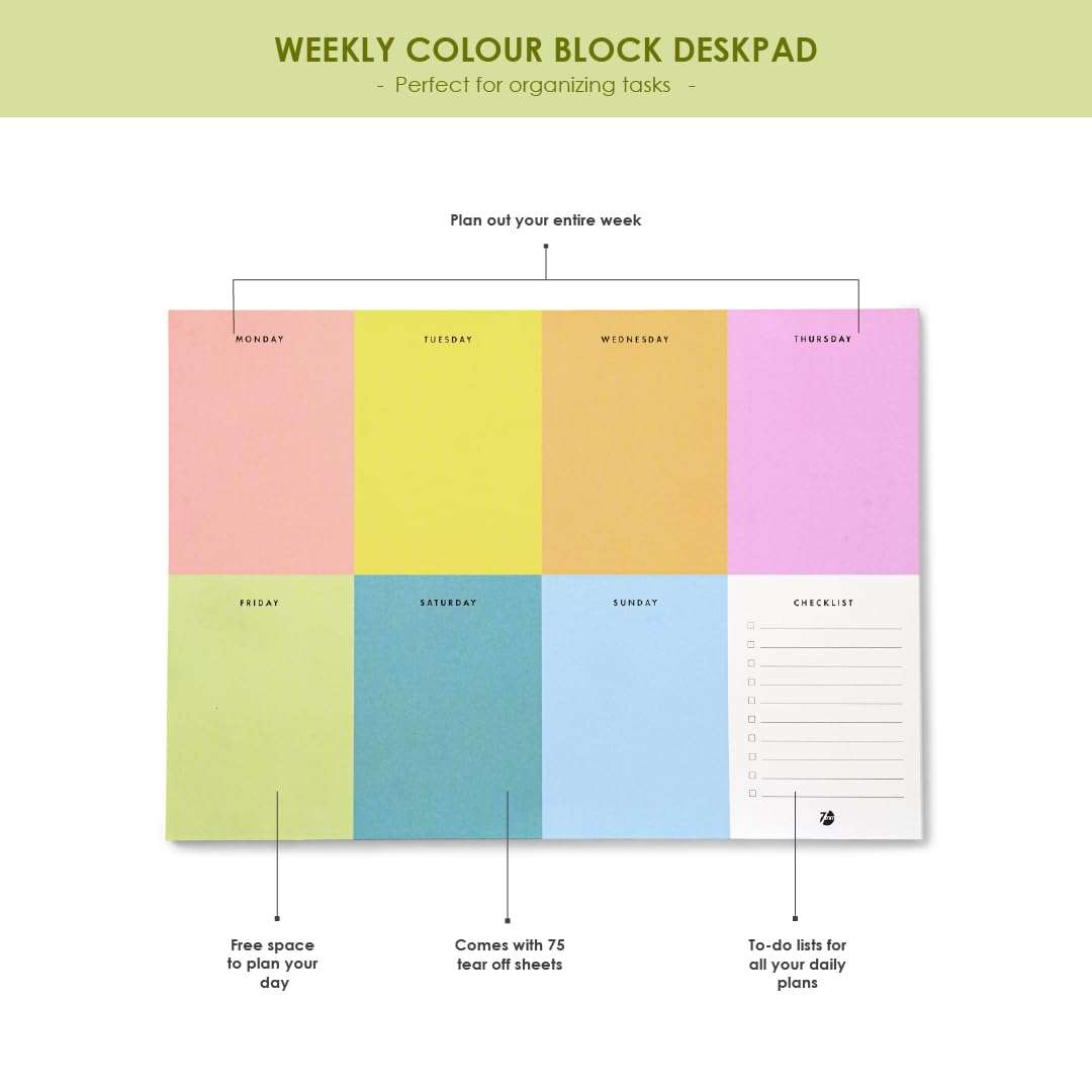 7mm Between the Lines Colourblock Weekly Desk Pad, 60 Tear Off Sheets Each, Printed Hardbound Notepad, 21 x 29.5 cms, Multicolor 3