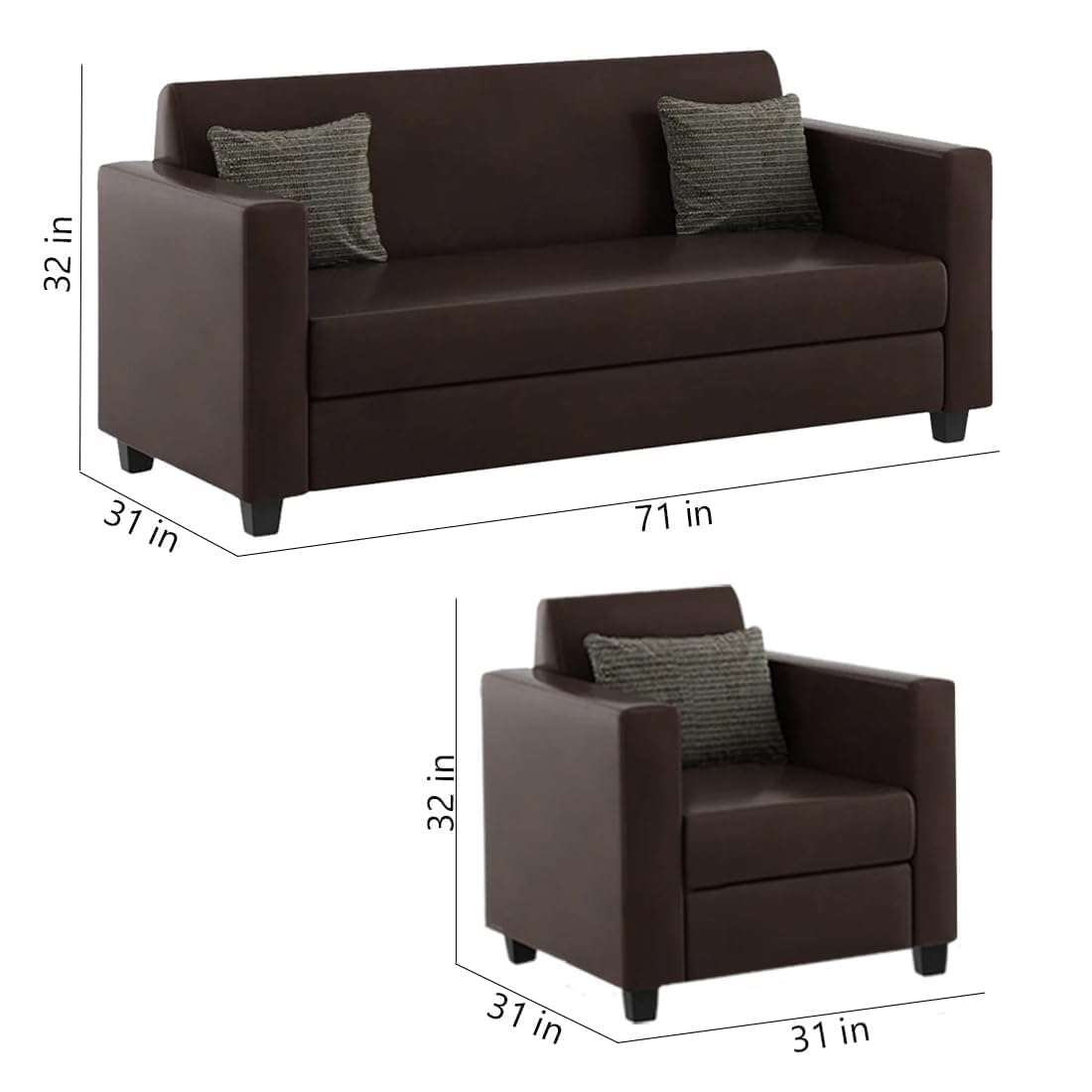 FURNY Berroy 5 Seater 3+1+1 Leatherette Sofa Set - (Brown) 3