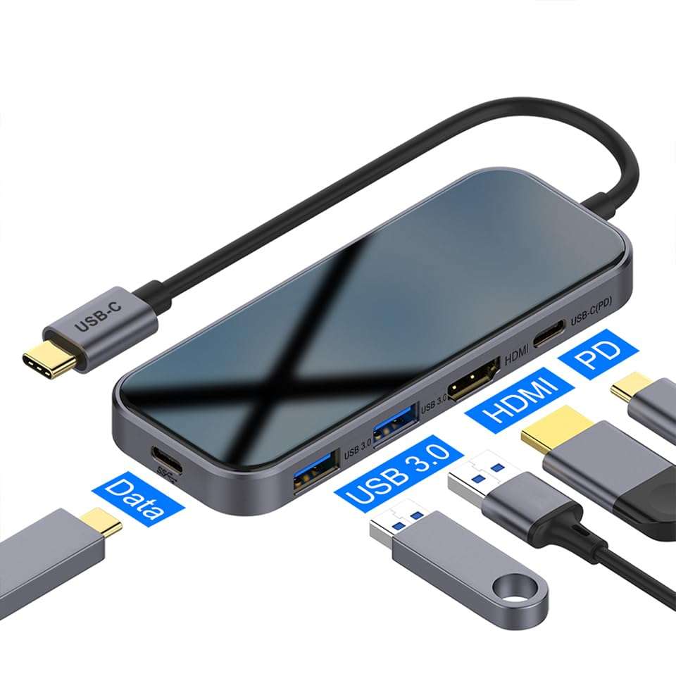 QGeeM USB C Hub 5 in 1 Multi-Port Digital AV Adapter 4K HDMI, 100W Power Delivery, 3 USB-A Data Ports, USB C Dongle Compatible for MacBook Pro Air Ipad HP Dell Lenovo iMac iPhone 15 Pro/Pro etc. 3