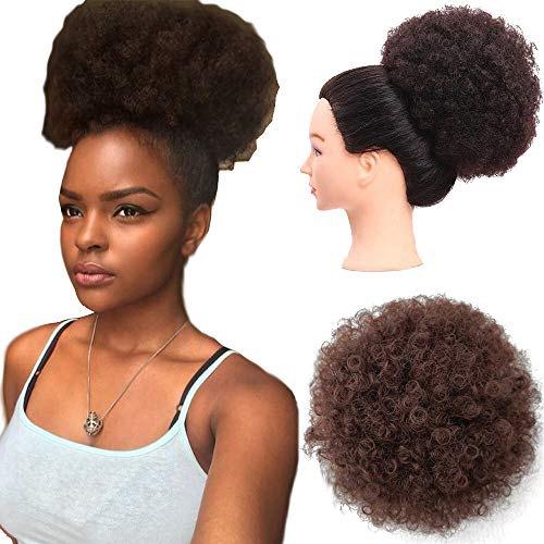 DQ Hair Short Afro Curly Synthetic Puff for Women, High Temperature Heat Resistant Ponytail with Drawstring and 2 Combs Brown Color Natural Real Looking (#4,Black Base) 1