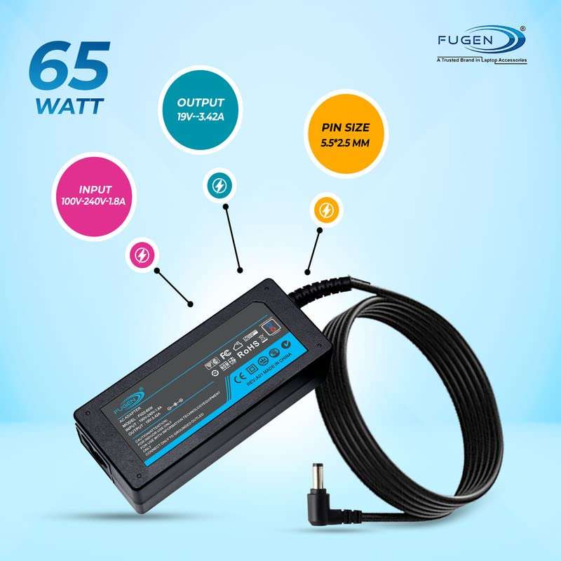 Fugen Laptop Adapter Charger 65w 19v 3.42a for Asus X54C-SO142V, X54C-SO155V-BE, X54C-SO249DU, X54C-SO249V-BE, X54C-SO263V-BE, X54C-SO295V-BE without power cable 2
