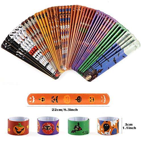 48 PCS Halloween Slap Bracelets for Kids Snap Bracelets Bulk with Spider Pumpkin Ghost Animal Print Craft Halloween Party Favors Birthday Gifts 2