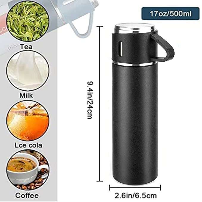 HETZON SALES Stainless Steel Thermo 500ml Vacuum Flask Set with Cups/ Double Wall Vacuum Insulated Water Bottle for Leak-Proof Hot & Cold Flask Bottle, Ideal for Corporate Gift Items - Multicolor 4