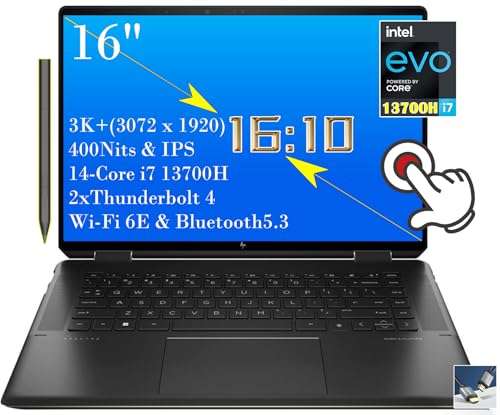 HP Spectre 2 in 1 16" 3K 400NITS Touch-Screen Laptop Intel EVO 14 CORE I7 13700H 2xTHUNDERBOT4 Fingerprint Reader Pen Included Nightfall Black Win11 W/HDMI (16GB RAM | 2TB SSD) 1
