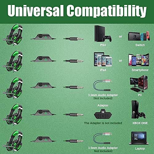 BENGOO G9000 Stereo Gaming Headset for PS4 PC Xbox One PS5 Controller, Noise Cancelling Over Ear Headphones with Mic, LED Light, Bass Surround, Soft Memory Earmuffs for Laptop Mac - Green 6