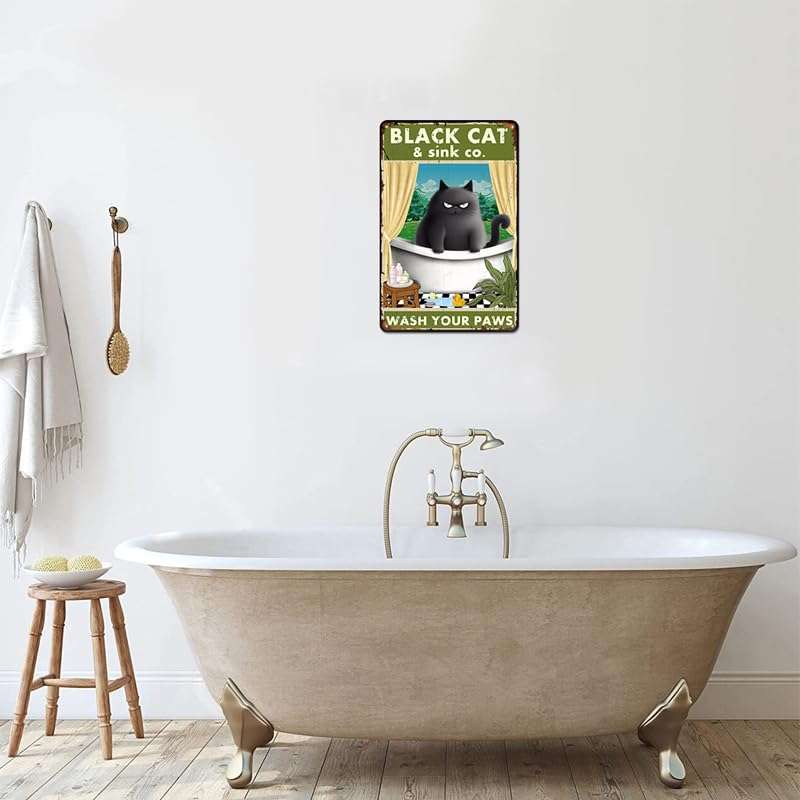 Retro Black Cat Metal Tin Signs Sink Wash Your Paws Plaque Wall Decor Vintage Funny Bathroom Signs Wall Art Accessories Gifts for Cat Lovers 12x8 Inches 3