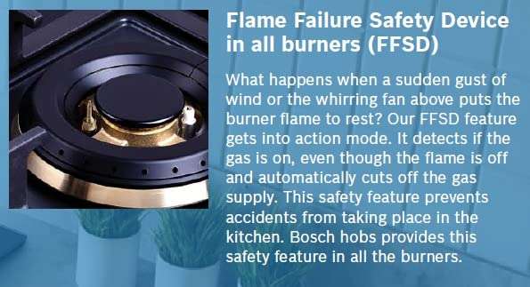 Bosch Built in Gas Hob Black Tempered glass Glass 3 Burner Auto Ignition 70 cm 2 Mini Triple Ring Brass Burner and 1 Double Ring Brass (PMD83D31NX) 5