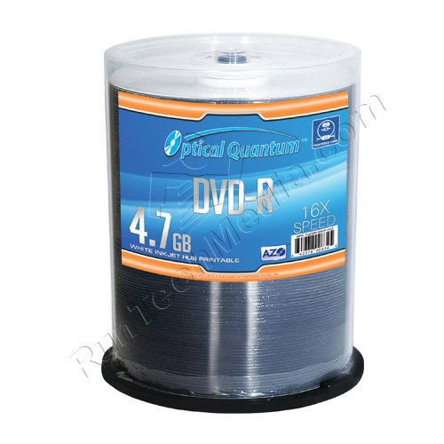 100 Pack Optical Quantum 16X 4.7GB DVD-R AZO Blank Media White Inkjet Hub Printable (MPN: OQDMR16WIP-AZO)