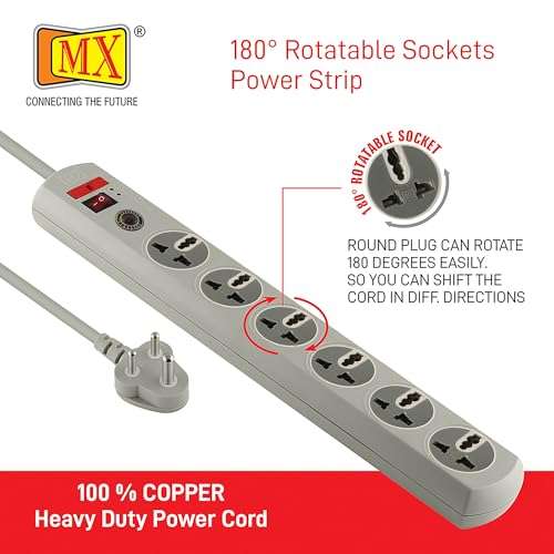MX 180° Rotatable 6 Way Output Universal Socket with Spike Guard Surge Protector, Master Switch, Fuse, LED Indicator Extension Board, 3 Meter 6