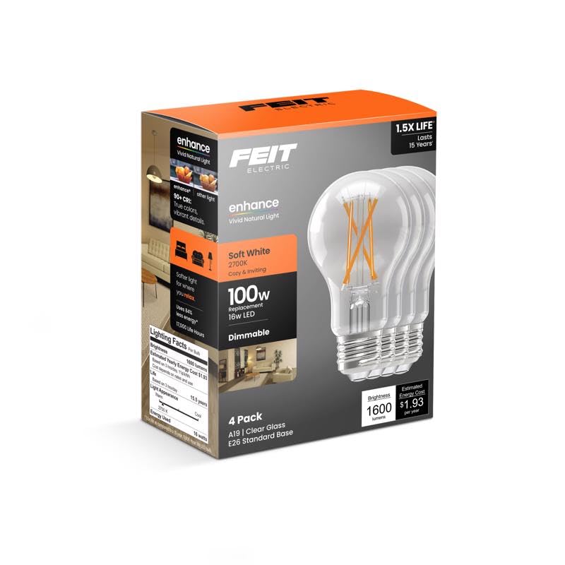 Dimmable A19 LED Bulbs (4-Pack): Soft White, 16W (100W Equivalent), 2700K by Feit Electric
