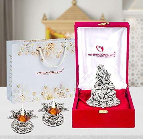 Silver Ganesh with Shehanais and Golden Ganesh with Sitar Instrument Statue Oxidized Finish with Beautiful Gift Box Packing and with Carry Bag and 4 pics jyot Set (11.5 Cm X 11 Cm X 9.5 Cm 4