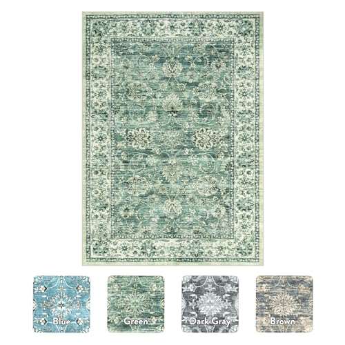 LIVEBOX Green Washable 2x6 Runner Rug for Entryway, Non Slip Kitchen Mats for Floor Bathroom, Vintage Indoor Front Door Mat Low-Pile Runners for Hallways Bath Laundry, Green 2