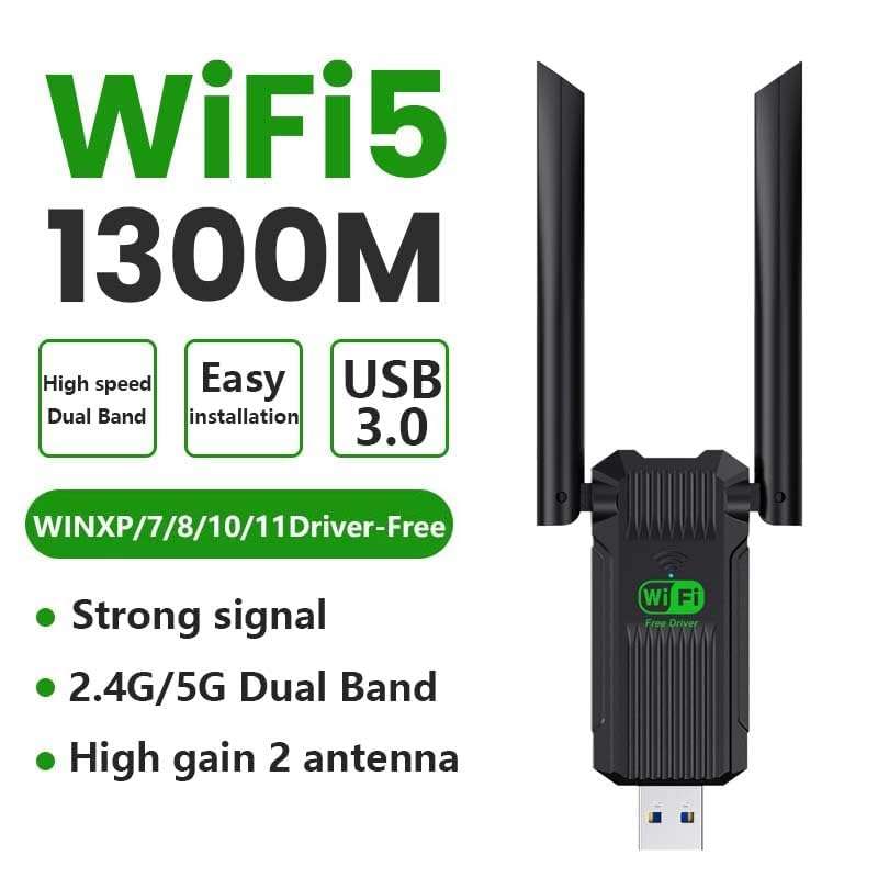 USB WiFi Adapter,1300Mbps WiFi USB 3.0 Dual Band 5G/2.4G, Dual 2dBi Antennas, Supports Windows11/10/8.1/8/7, Wireless Adapter for Desktop Computer Network Adapters 4