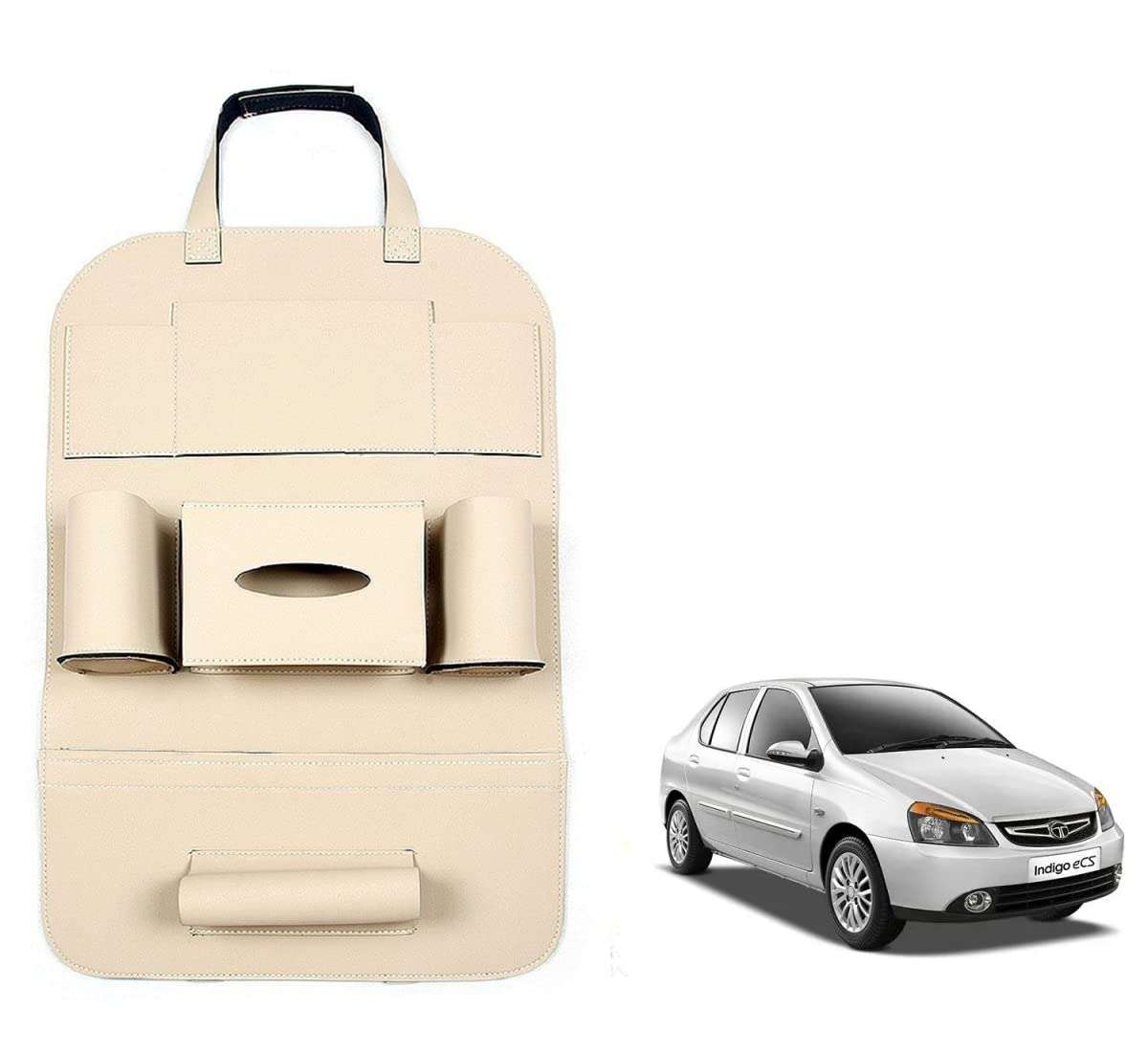 Oshotto Car Backseat Storage Organizer Phone Holder,Multi-Pocket for Bottles, Tissue Boxes,Kids Toy Storage and Great Travel Accessory Compatible with Tata Indigo (Beige) 1