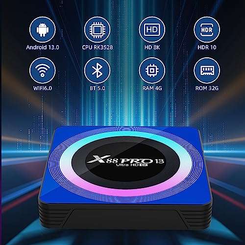 X88 Pro 13 Android Box - 4GB RAM, 32GB ROM, RK3528 Quad-Core CPU, Mali G31 MP2 GPU, Bluetooth 5.0, USB 3.0, LAN, WiFi 6, Android TV Box 2023 2