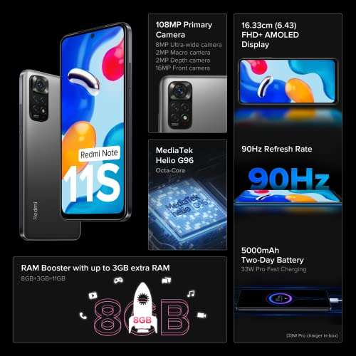 Redmi Note 11S (Space Black, 6GB RAM, 64GB Storage)|108MP AI Quad Camera | 90 Hz FHD+ AMOLED Display | 33W Charger Included 2