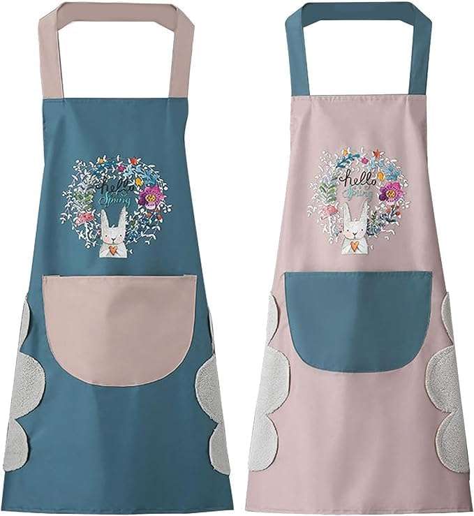 AMBROSIAL STORE Apron For Kitchen Cotton Kitchen Apron Set with Front Pocket Floral Bunny Design, Cooking Printed Apron For Women (PACK 2) 1