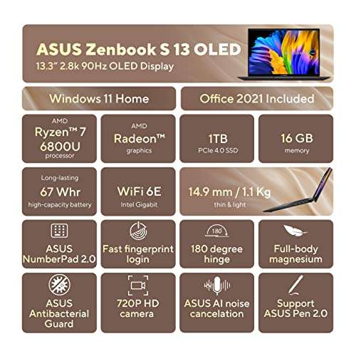 ASUS Zenbook S 13 (2022), 13.3" (33.78 cm) 2.8K OLED 16:10 Touch, AMD Ryzen 7 6800U, Integrated Graphics, Thin and Light Laptop (16GB/1TB SSD/Windows 11/Office 2021/Blue/1.10 kg), UM5302TA-LX701WS 2