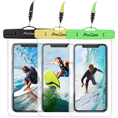 ProCase Universal Waterproof Pouch up to 7", Cellphone Dry Bag Underwater Case for iPhone 17 Air 16 15 14 13 Pro Max 12 11 Xs XR 8 Plus Mini, Galaxy S23 S22 S21 Ultra Pixel -3 Pack, Green/Yellow/Black 1