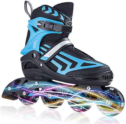 ITurnGlow Boys Adjustable Inline Skates for Kids and Adults with Full Light Up LED Wheels, Outdoor Blades Roller Skates for Girls,Woman, Men and Women Blue 1