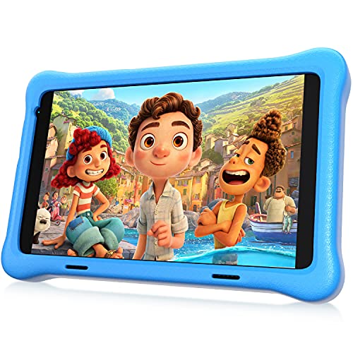 HAPPYBE 8 inch Kids Tablet, 8" Display, 1080p Full HD, Quad Core Android 10, 32GB, Parental Control, Kidoz Installed, WiFi, Dual Camera Google Play, YouTube, Children’s Tablets, Kid-Proof Case (Blue) 1