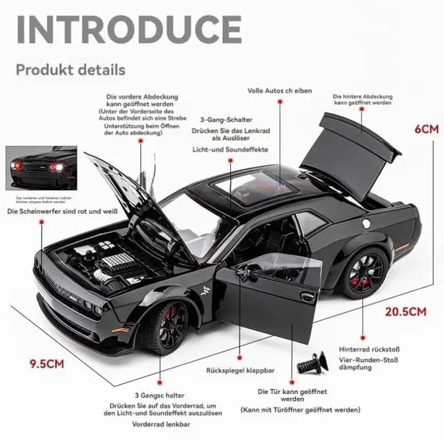 RJKD New 1:24 Dodge Challenger Alloy Die-Cast Metal Car Pull-Back Action with Openable Doors Realistic Sound and Light Effects Car for Kids - Black 3