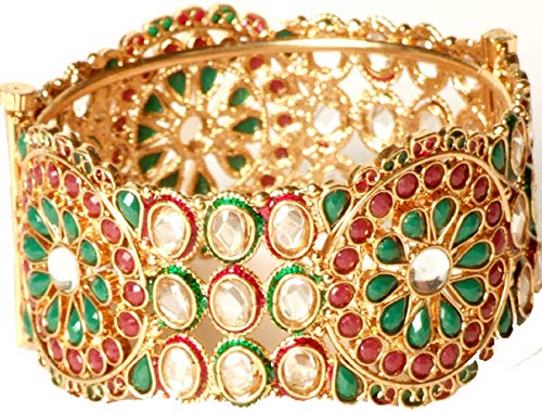 Exotic India Tri-Color Floral Polki Bangle with Cut - Copper Alloy for Women (Gold)